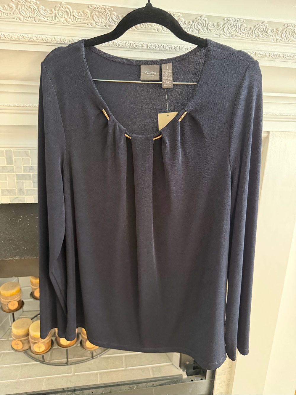 Chicos Travelers Long-Sleeve Scoop Neck Top with Gold Accent